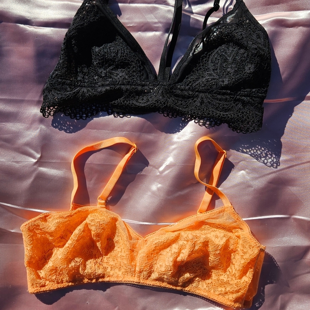 Victoria's Secret Black and Orange Lace Bra Set